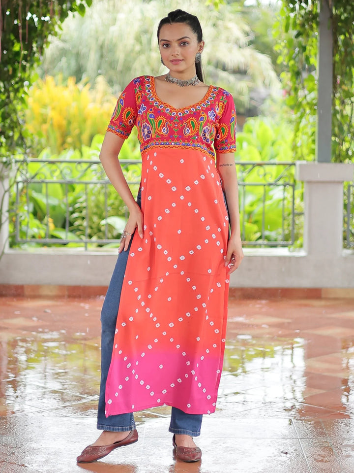 Regal Red Gamthi Work Rayon Navratri Special Long Kurti - Zeel Clothing