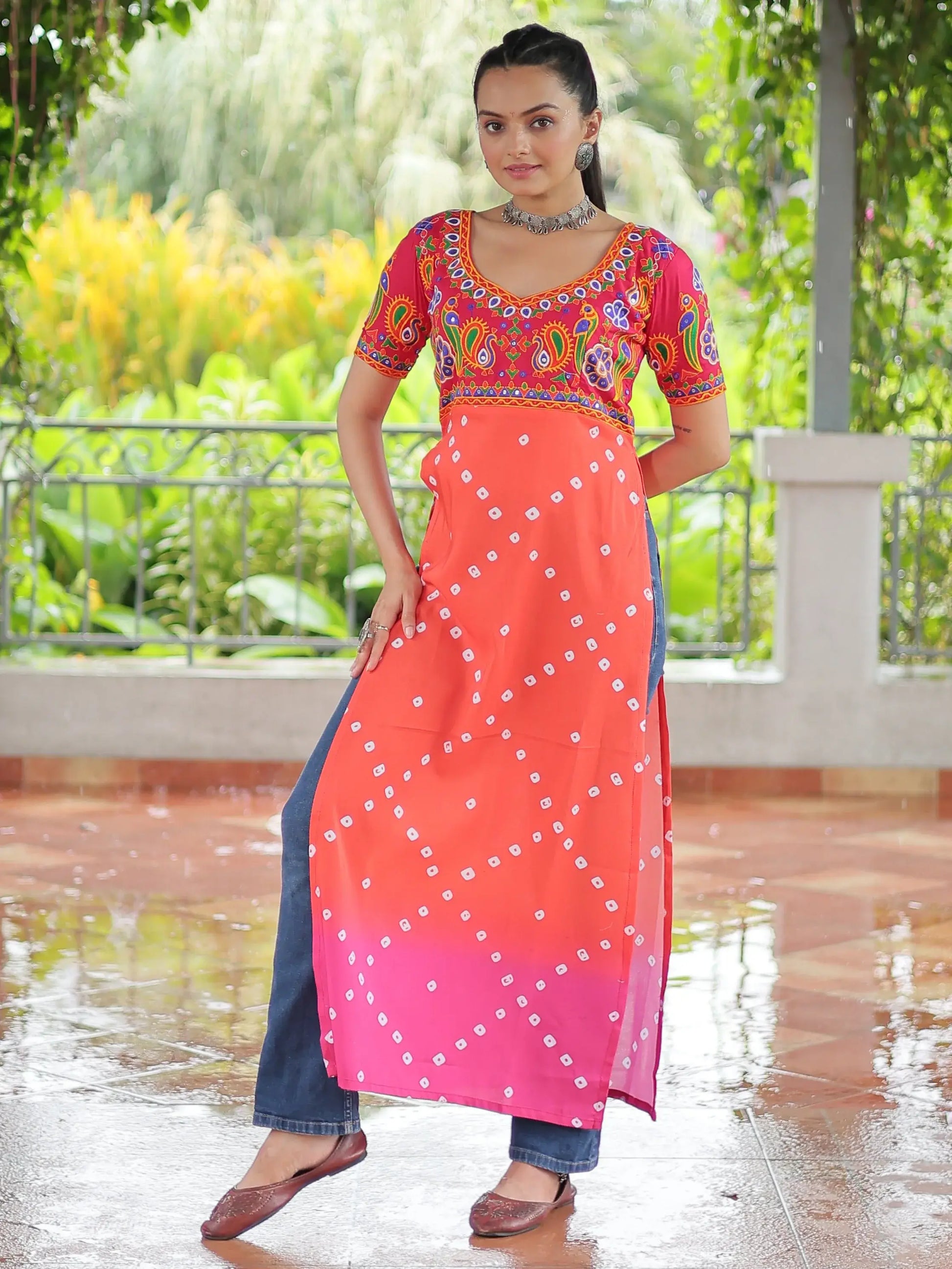 Regal Red Gamthi Work Rayon Navratri Special Long Kurti - Zeel Clothing