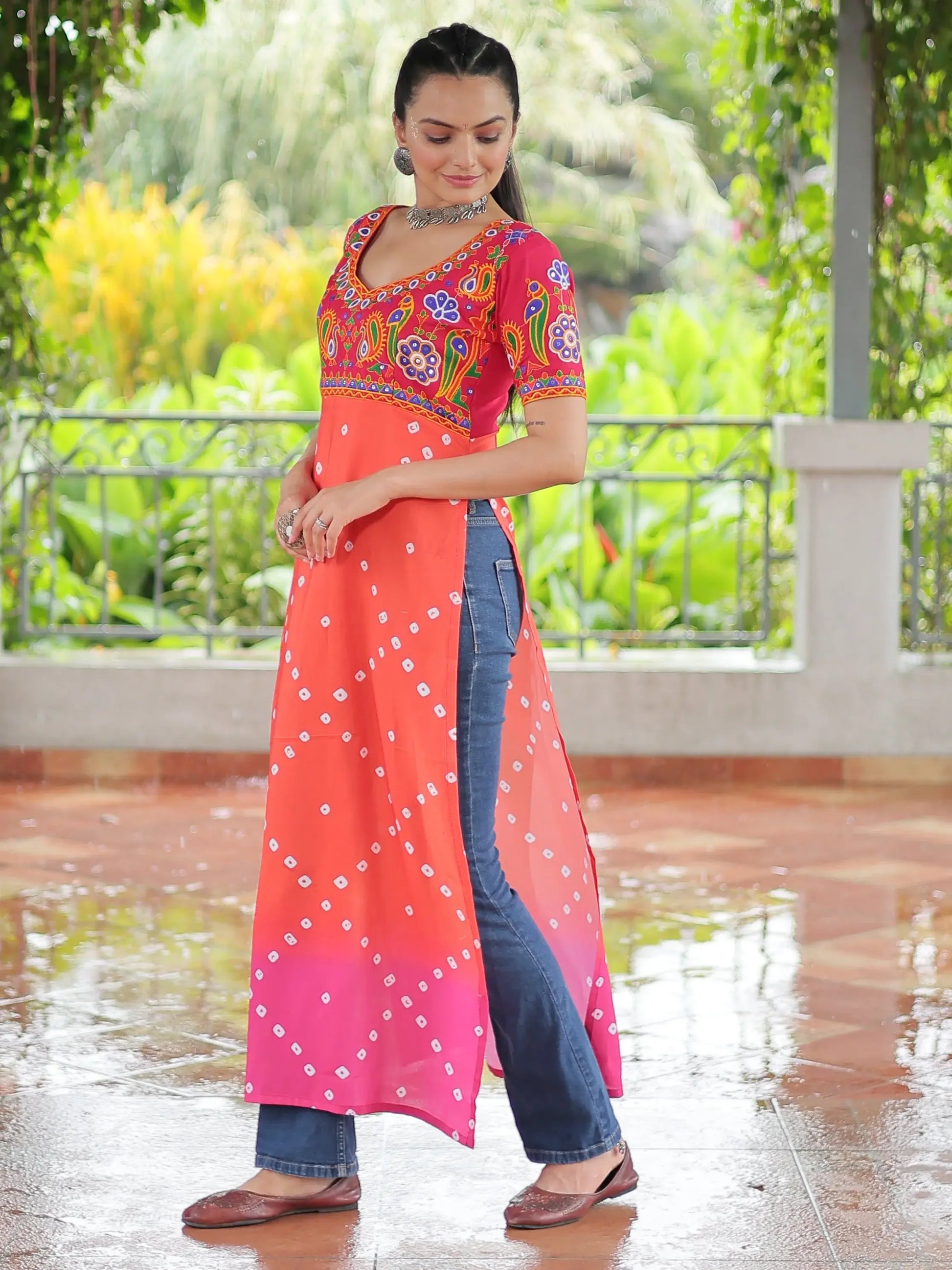 Regal Red Gamthi Work Rayon Navratri Special Long Kurti - Zeel Clothing