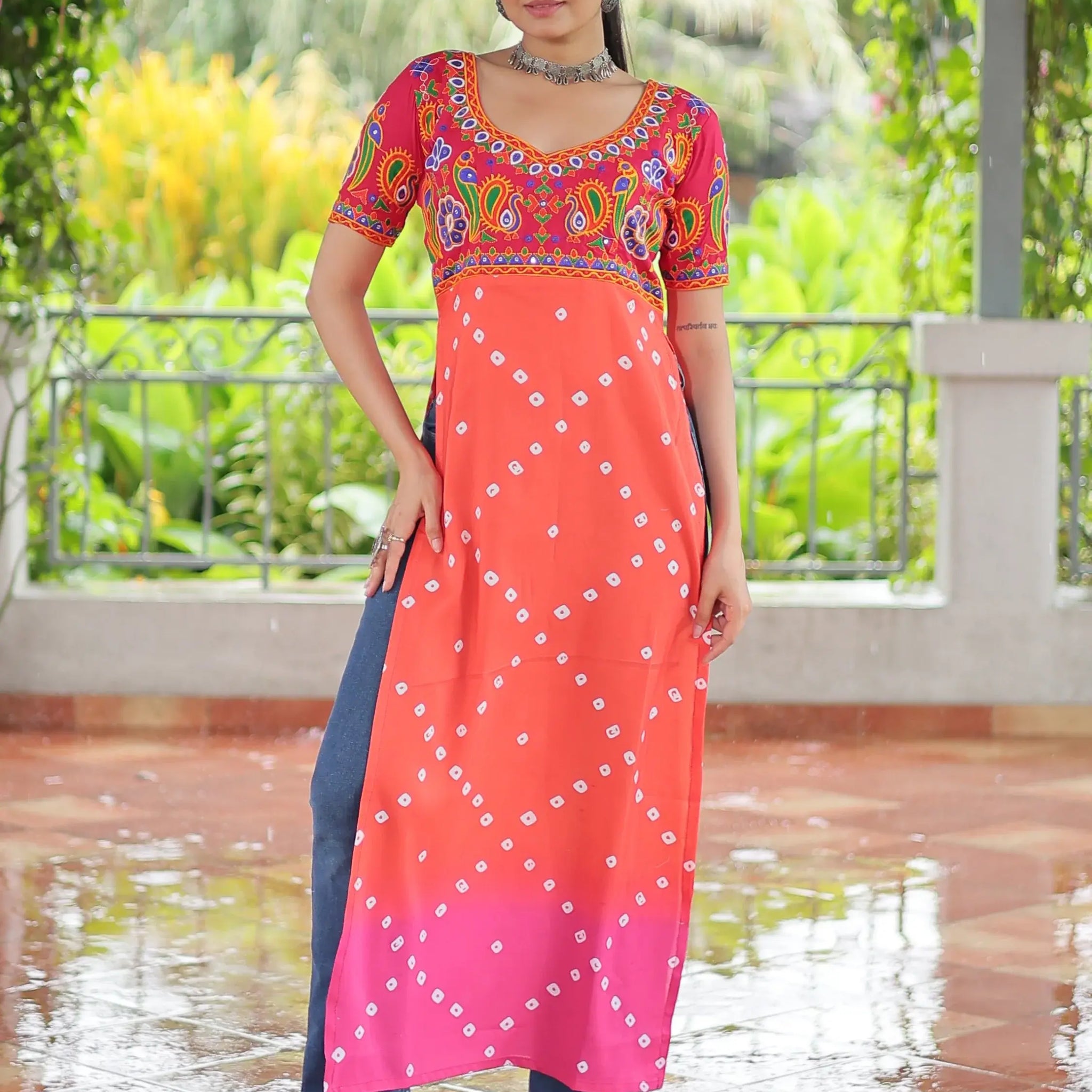 Regal Red Gamthi Work Rayon Navratri Special Long Kurti - Zeel Clothing