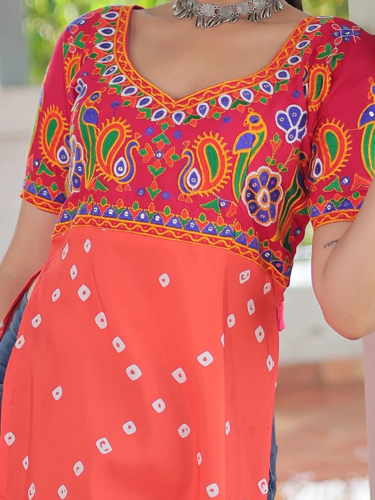 Regal Red Gamthi Work Rayon Navratri Special Long Kurti - Zeel Clothing