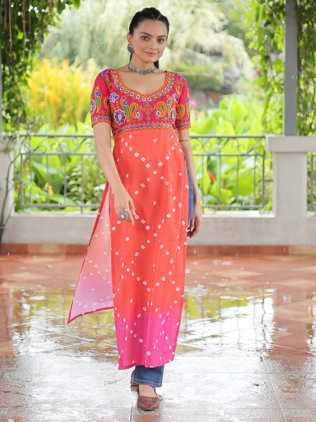 Regal Red Gamthi Work Rayon Navratri Special Long Kurti - Zeel Clothing