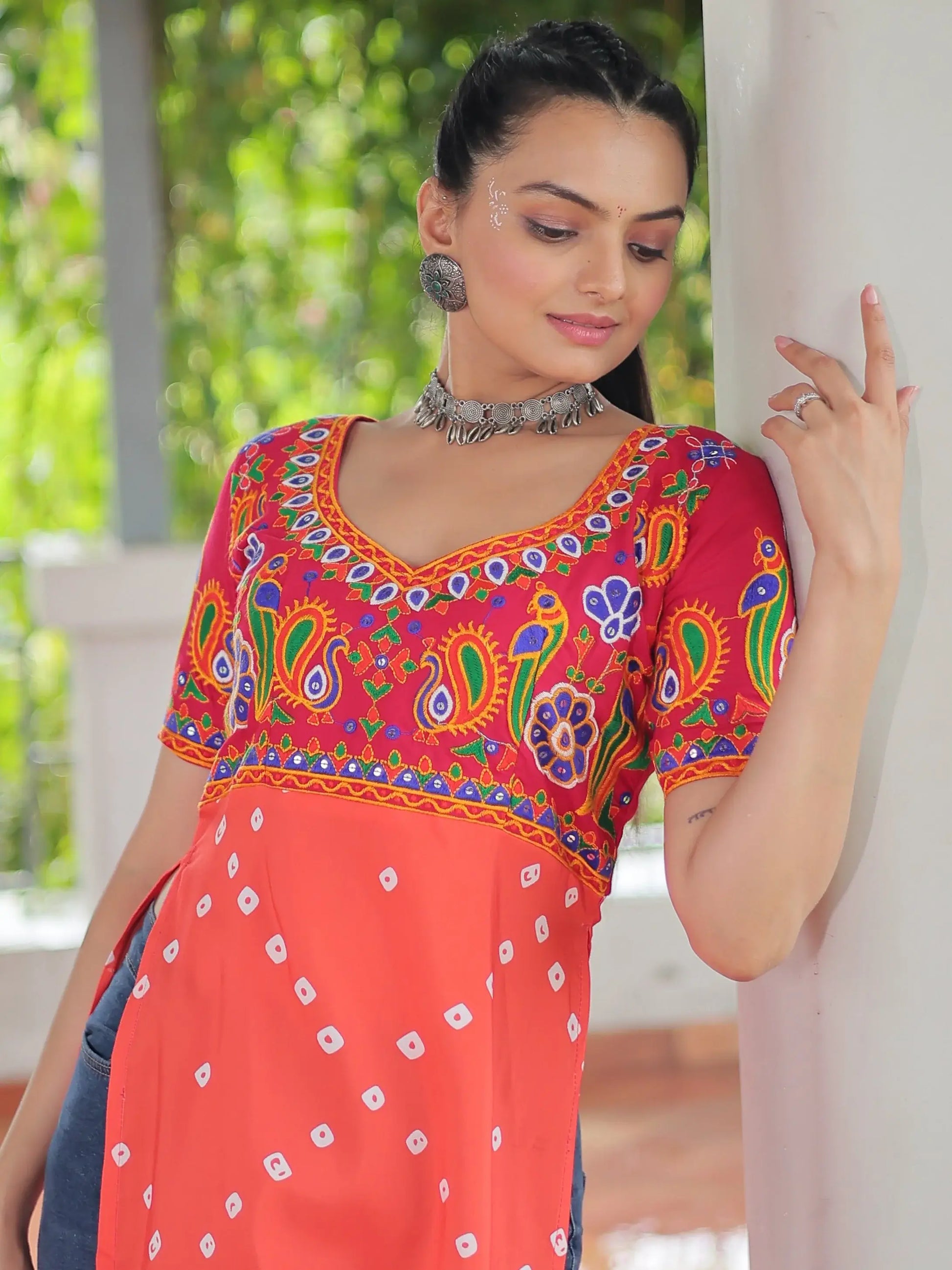 Regal Red Gamthi Work Rayon Navratri Special Long Kurti - Zeel Clothing