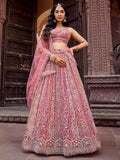 Regal Rose Gold Net Embroidered Engagement Wear Lehenga Choli With Dupatta