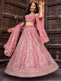 Regal Rose Gold Net Embroidered Engagement Wear Lehenga Choli With Dupatta