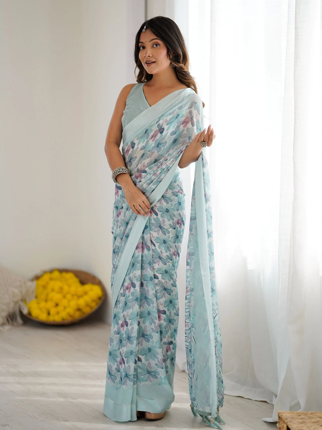 Regal Sky Blue Floral Printed Georgette Evening Wear Saree With Blouse