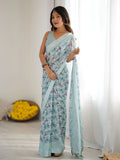Regal Sky Blue Floral Printed Georgette Evening Wear Saree With Blouse