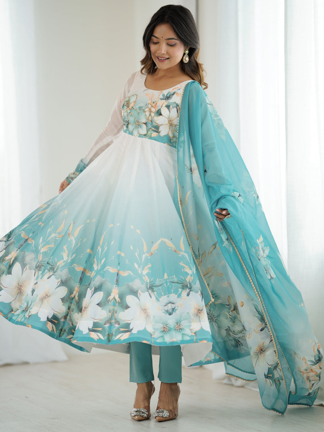 Regal Sky Blue Floral Printed Organza Evening Wear Anarkali Suit With Dupatta