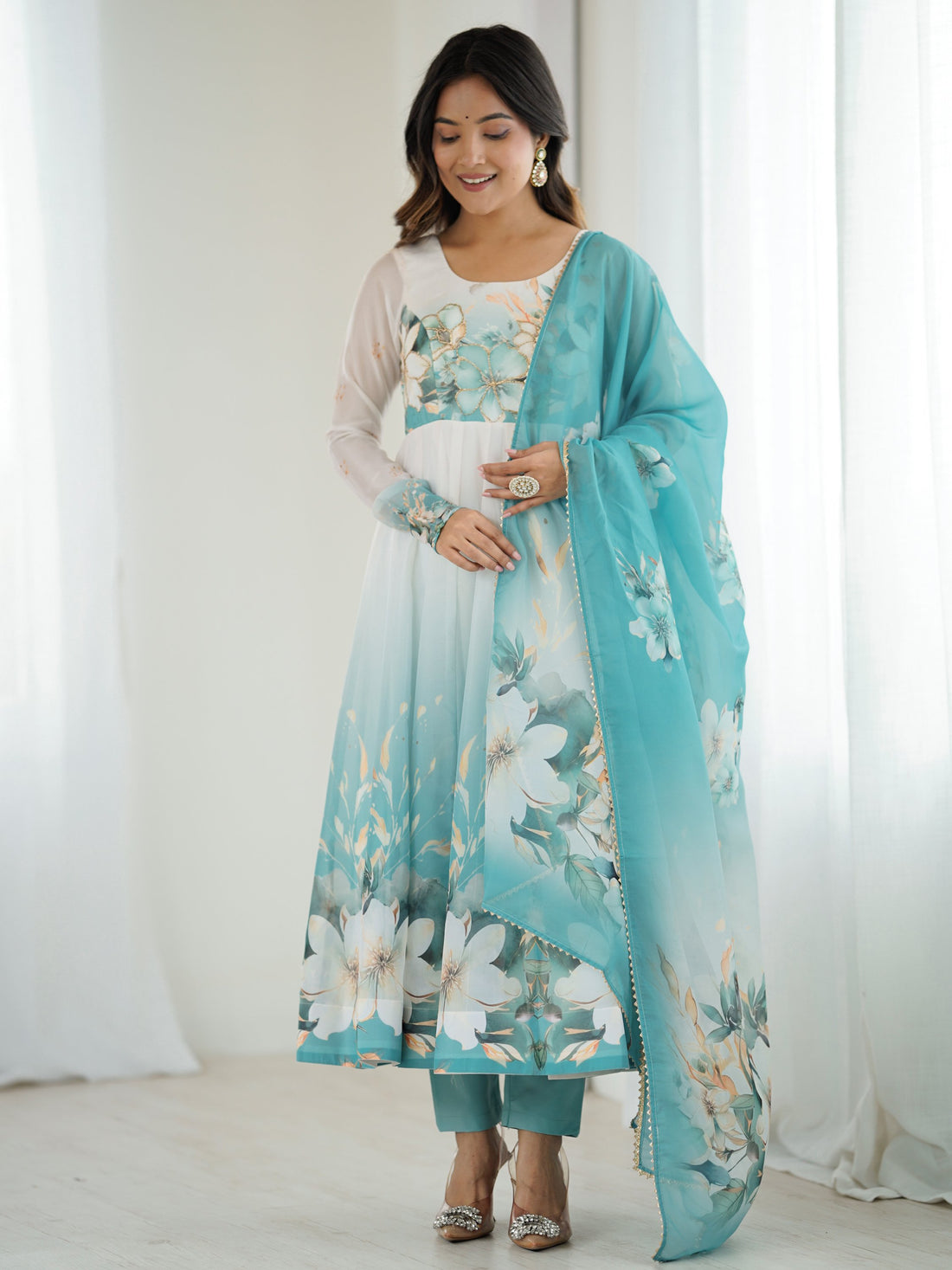 Regal Sky Blue Floral Printed Organza Evening Wear Anarkali Suit With Dupatta