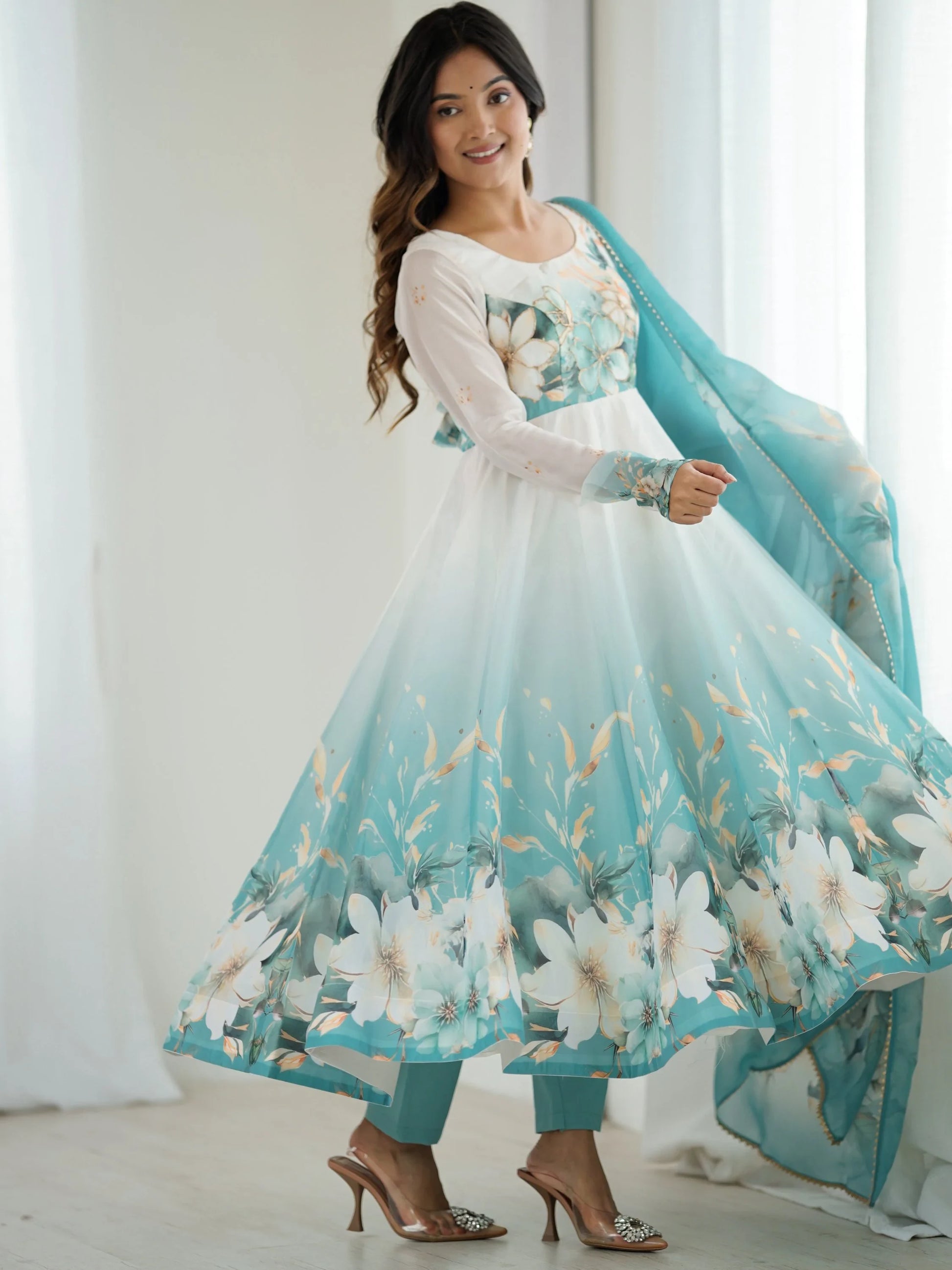 Regal Sky Blue Floral Printed Organza Evening Wear Anarkali Suit With Dupatta