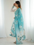 Regal Sky Blue Floral Printed Organza Evening Wear Anarkali Suit With Dupatta