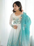 Regal Sky Blue Floral Printed Organza Evening Wear Anarkali Suit With Dupatta