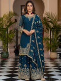 Regal Teal Blue Zari Embroidery Chinon Festive Wear Palazzo Suit With Dupatta