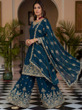 Regal Teal Blue Zari Embroidery Chinon Festive Wear Palazzo Suit With Dupatta