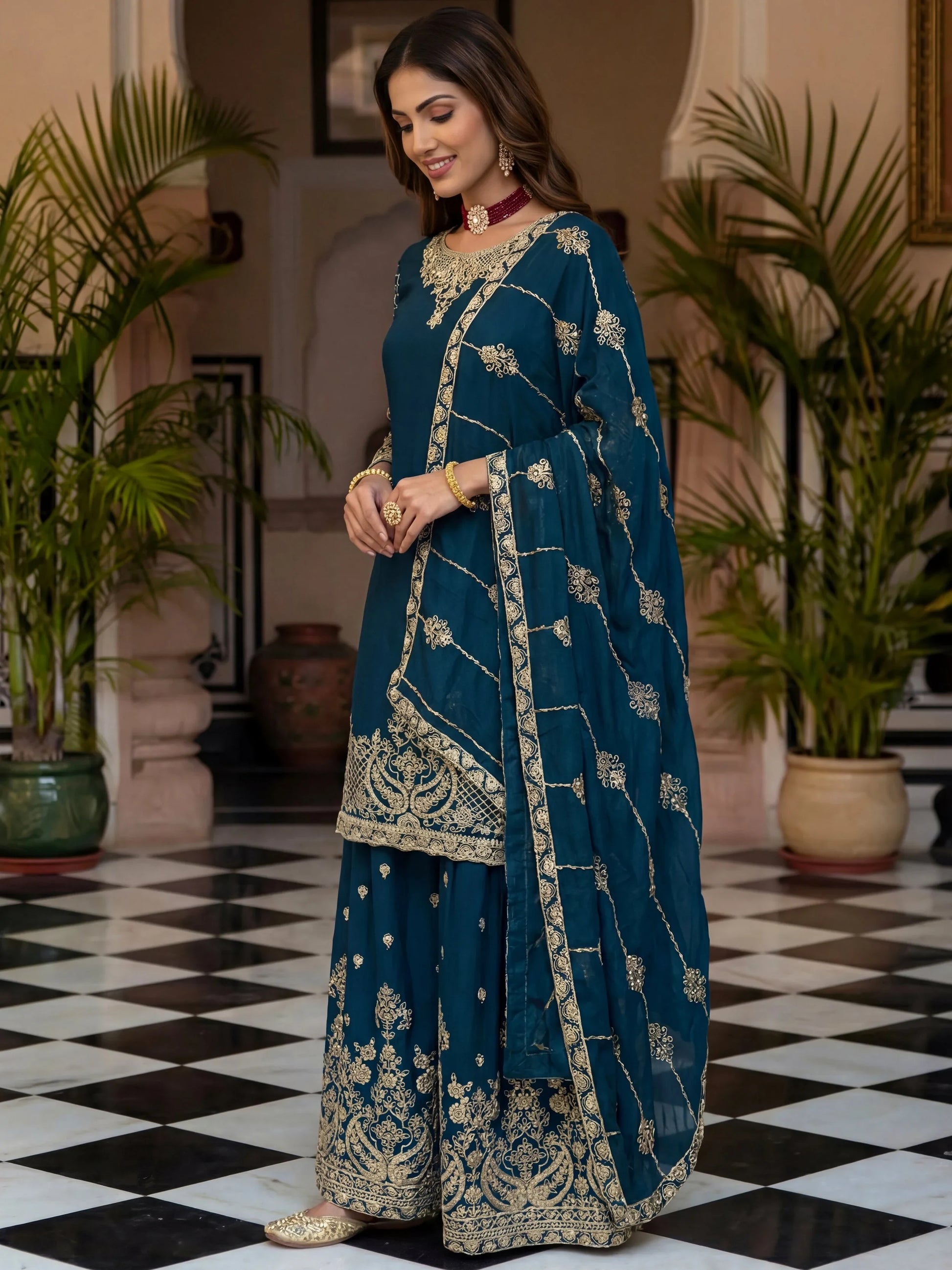Regal Teal Blue Zari Embroidery Chinon Festive Wear Palazzo Suit With Dupatta