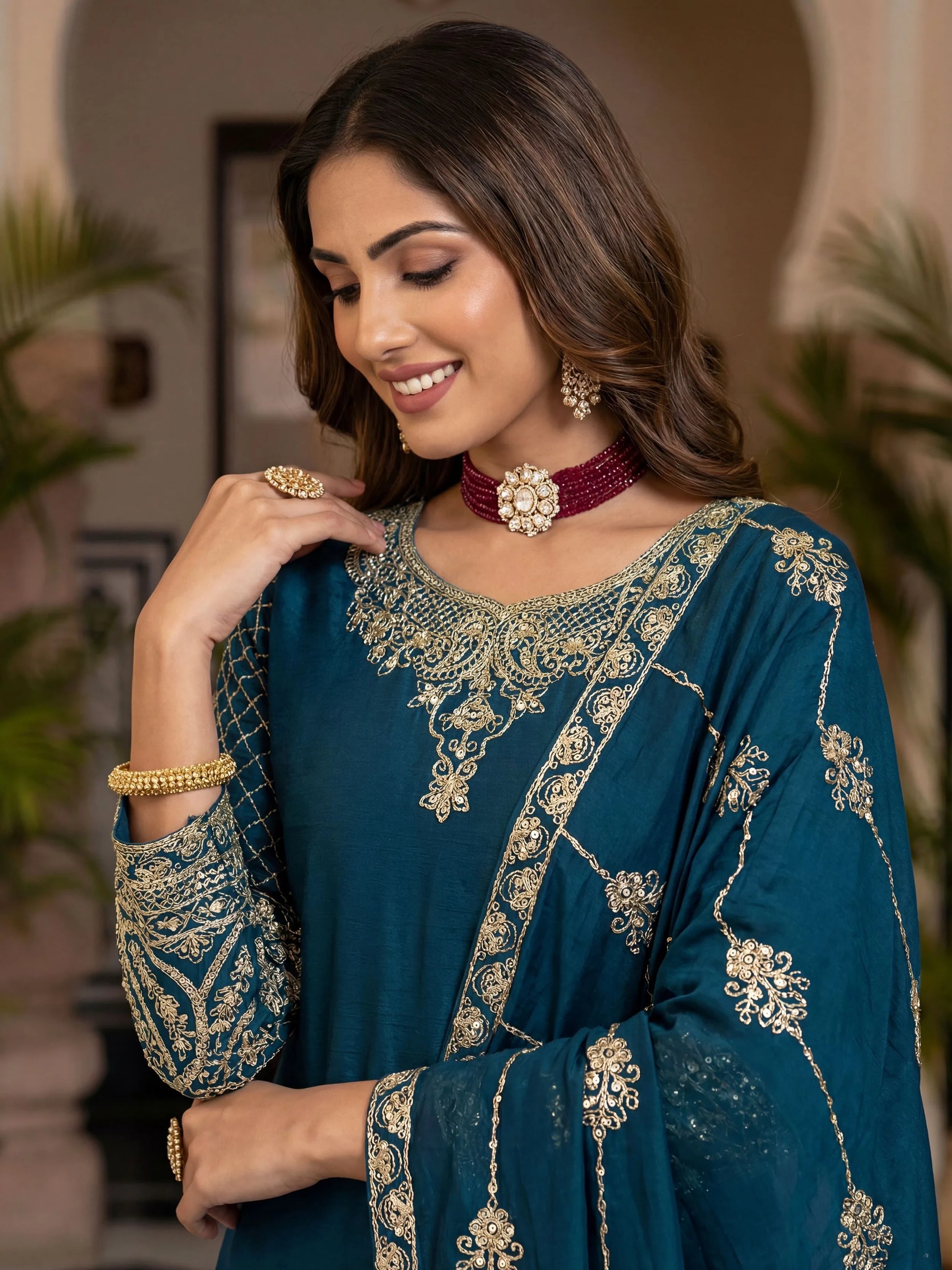 Regal Teal Blue Zari Embroidery Chinon Festive Wear Palazzo Suit With Dupatta
