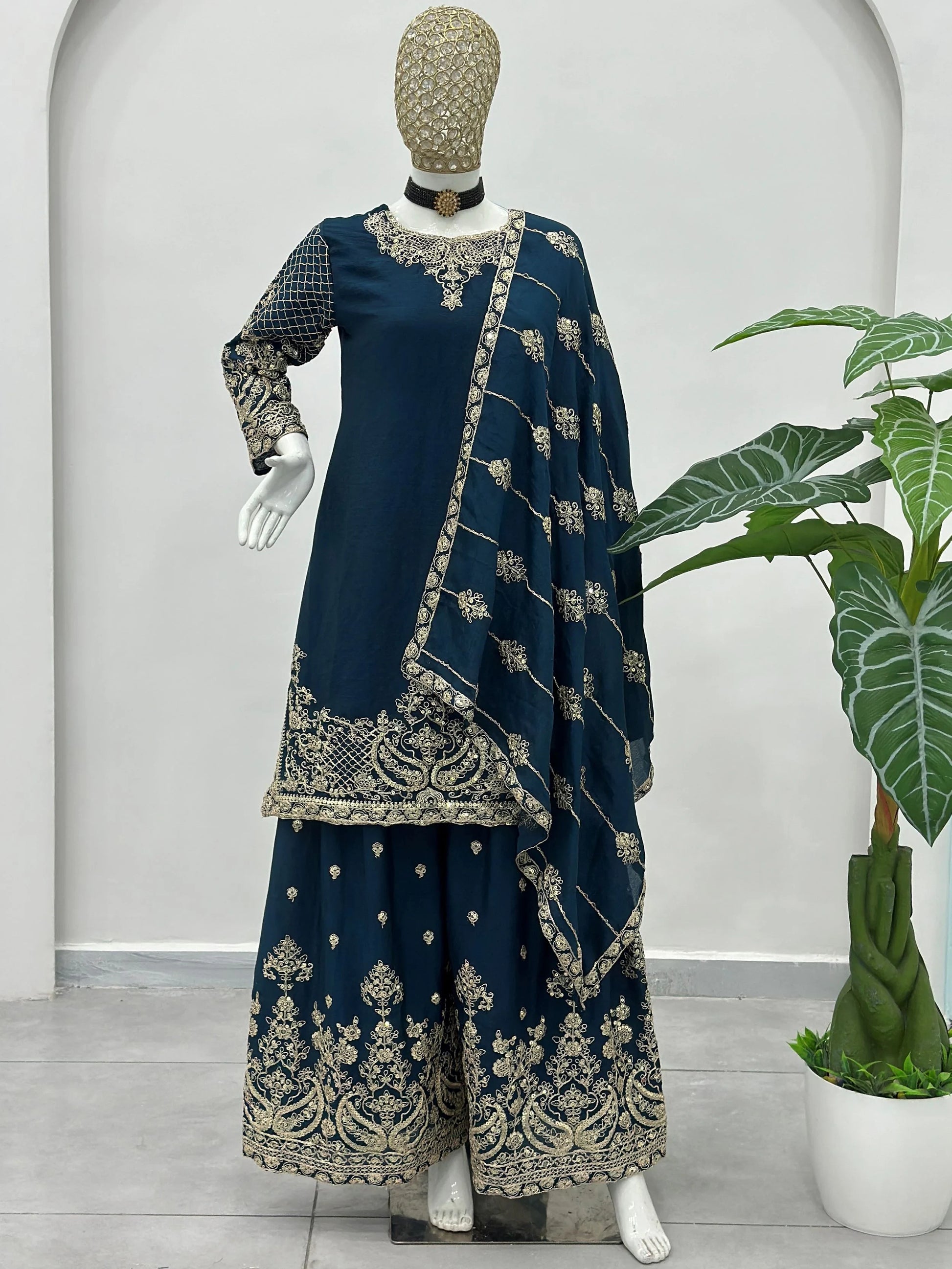 Regal Teal Blue Zari Embroidery Chinon Festive Wear Palazzo Suit With Dupatta