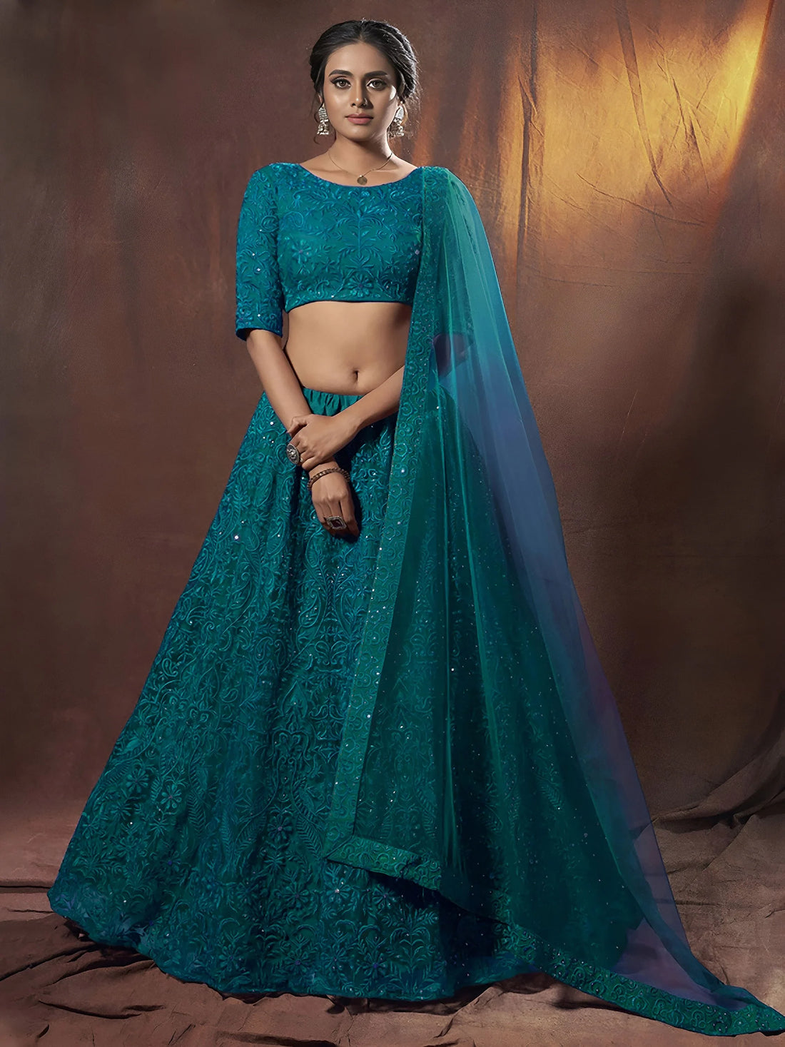 Regal Teal Green Sequins Work Net Traditional Lehenga Choli With Dupatta