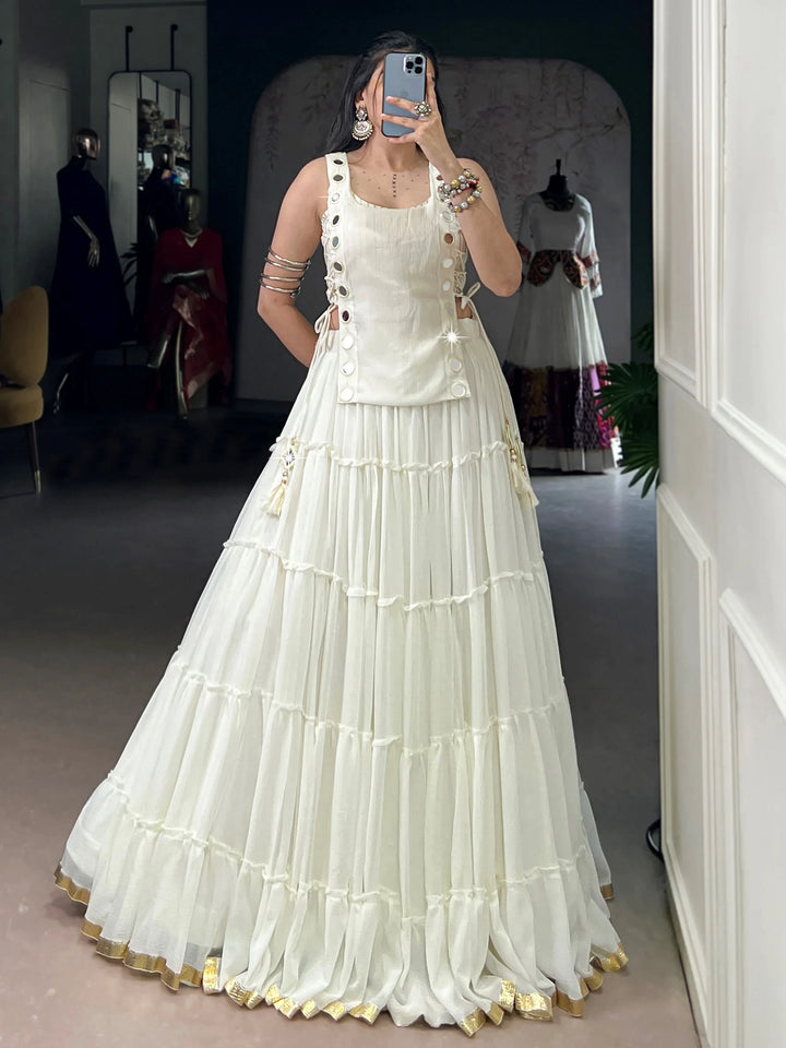 Regal White Lace Border Chiffon Event Wear Crop Top Lehenga With Koti