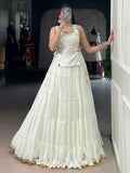 Regal White Lace Border Chiffon Event Wear Crop Top Lehenga With Koti