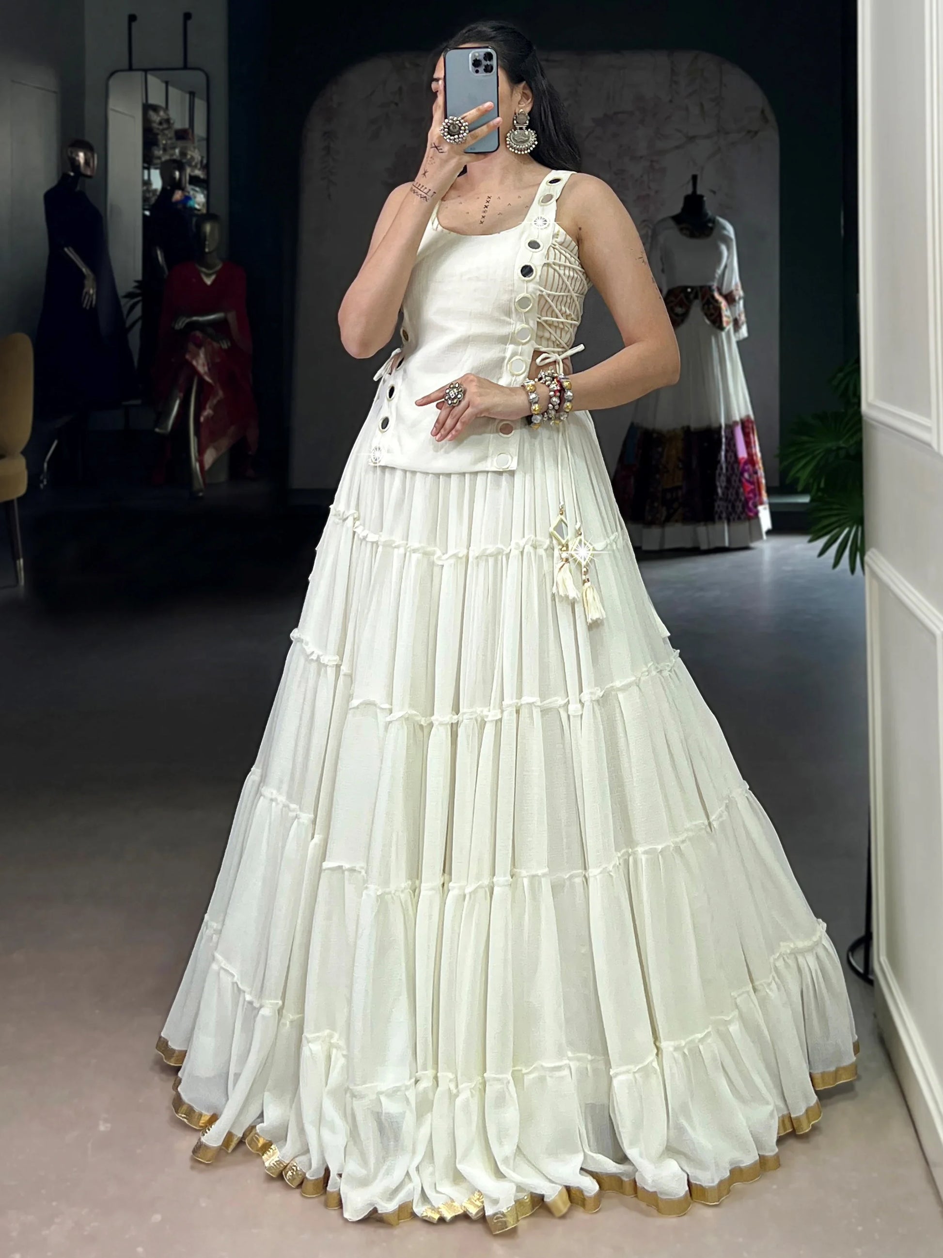 Regal White Lace Border Chiffon Event Wear Crop Top Lehenga With Koti