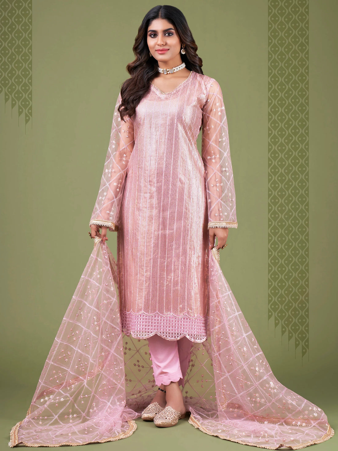 Remarkable Baby Pink Sequins Work Net Festival Wear Salwar Suit - Zeel Clothing