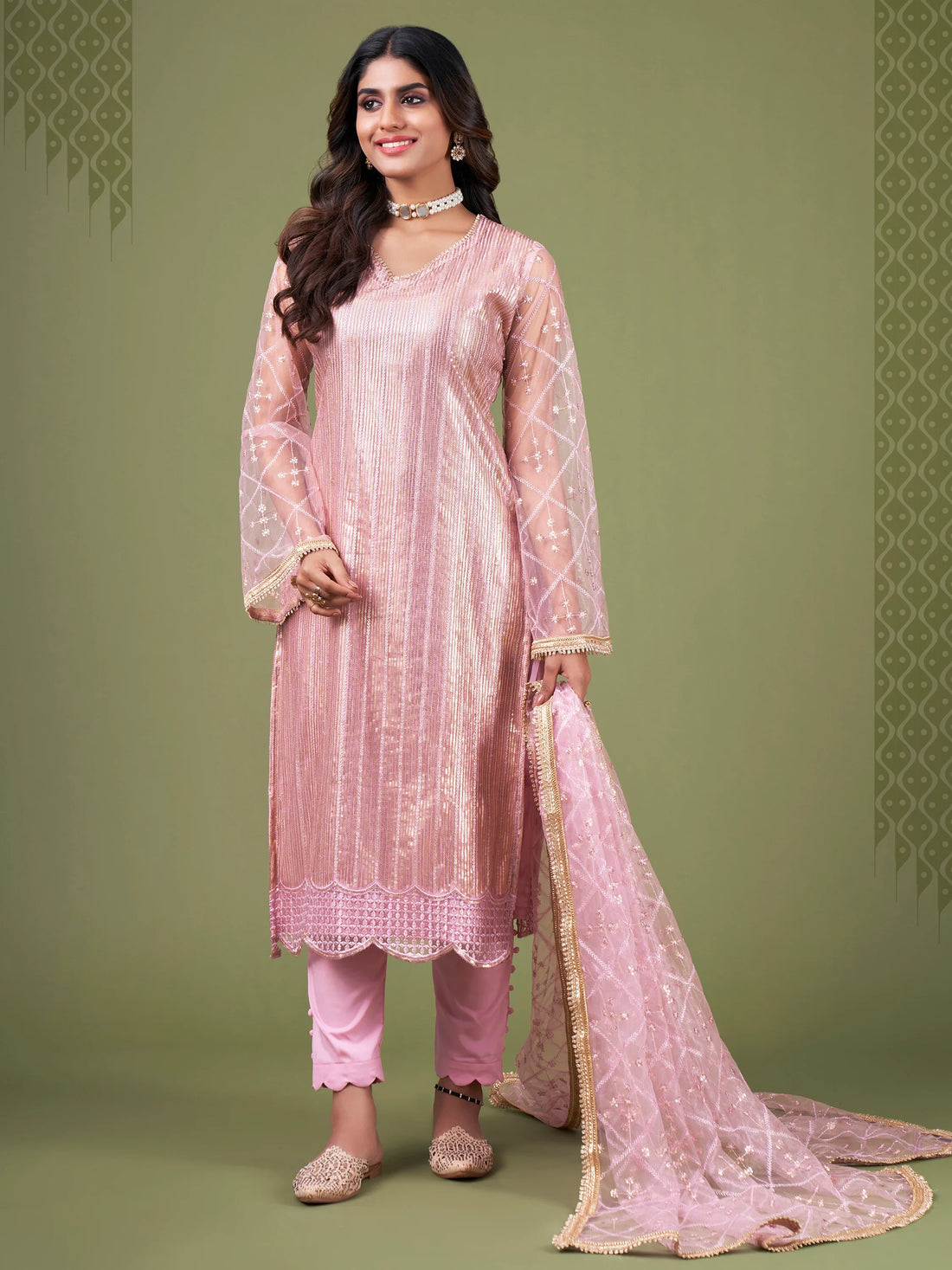 Remarkable Baby Pink Sequins Work Net Festival Wear Salwar Suit - Zeel Clothing