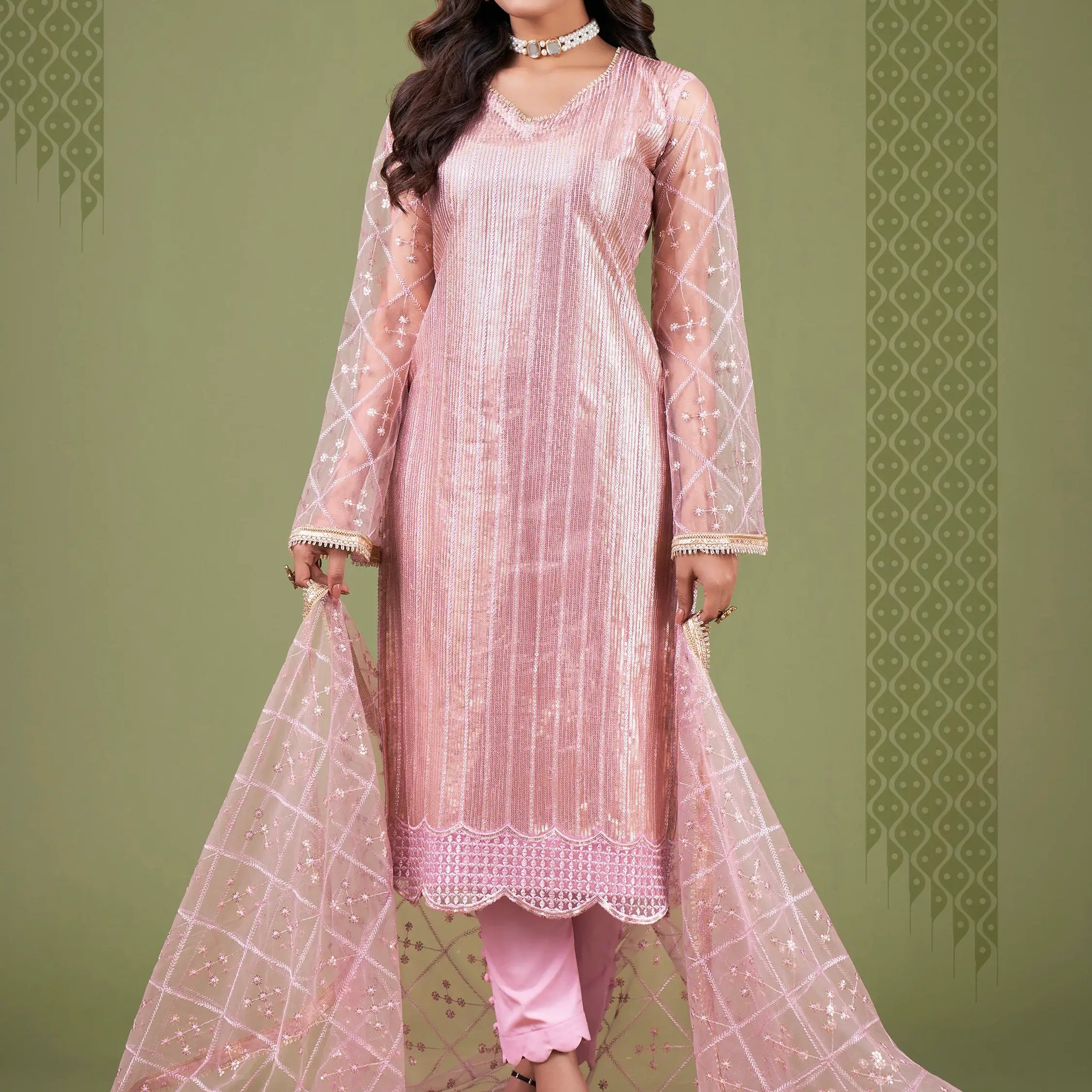 Remarkable Baby Pink Sequins Work Net Festival Wear Salwar Suit - Zeel Clothing