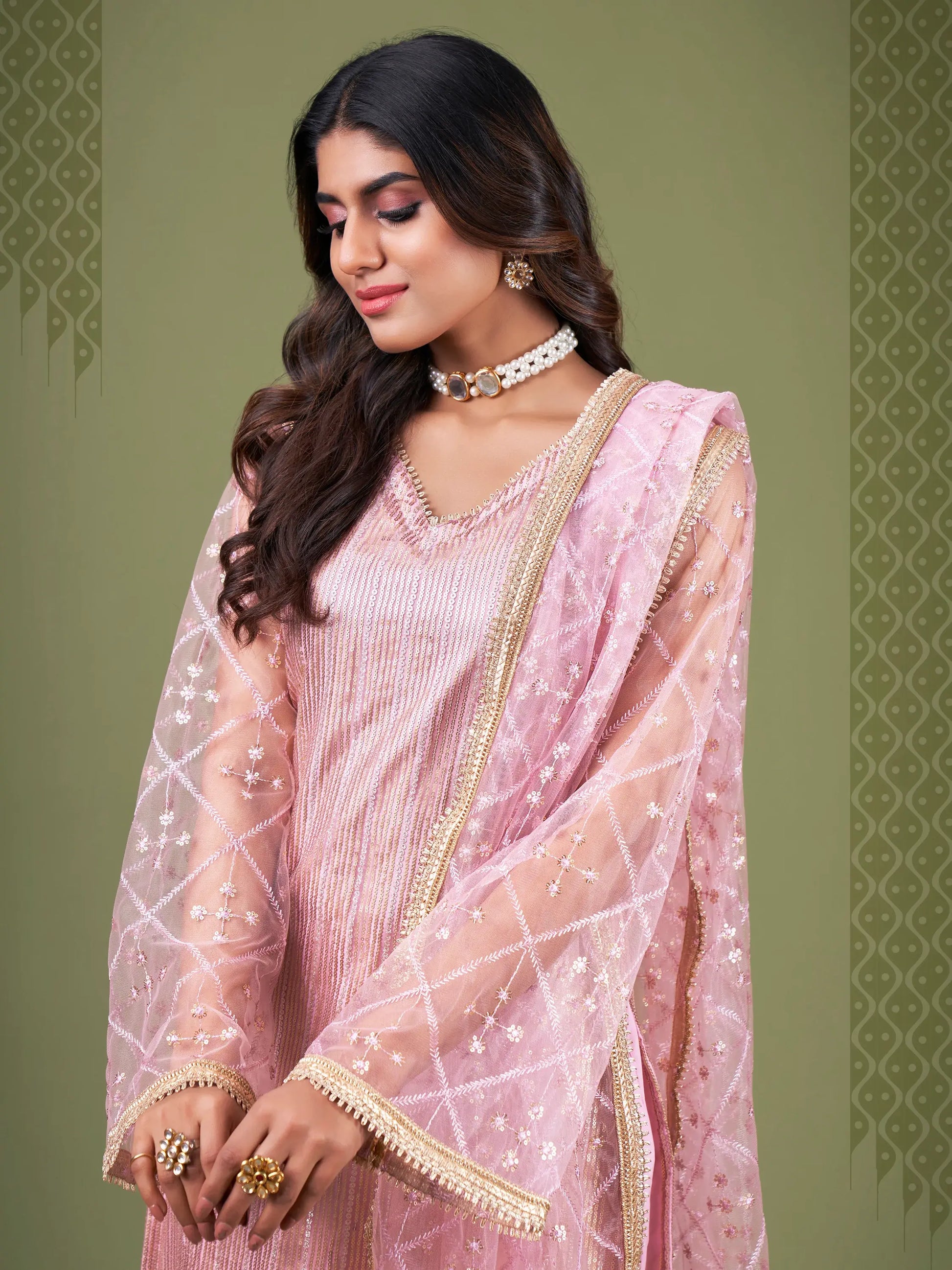 Remarkable Baby Pink Sequins Work Net Festival Wear Salwar Suit - Zeel Clothing