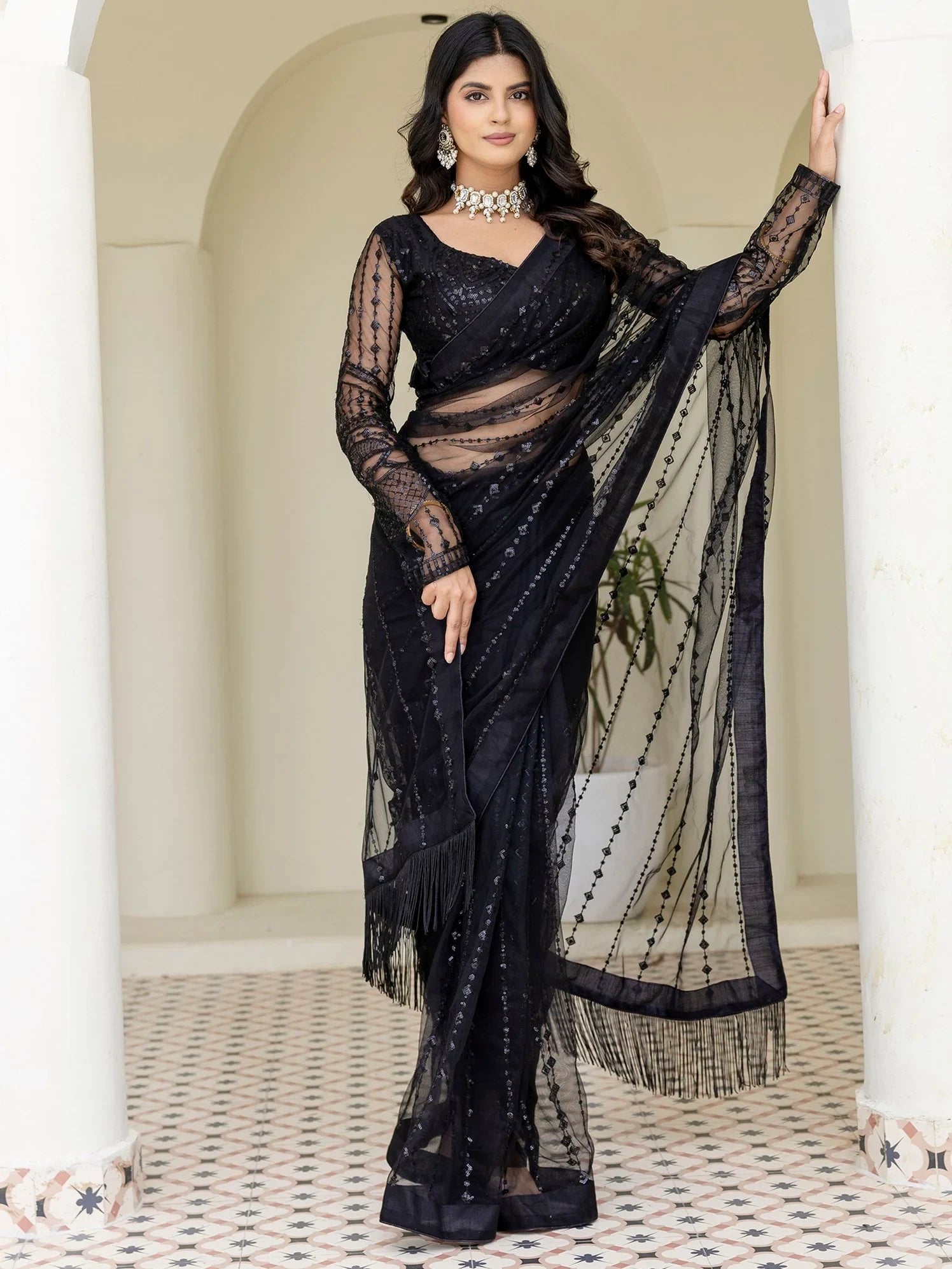 Remarkable Black Sequins Embroidery Net Party Wear Saree With Blouse - Zeel Clothing