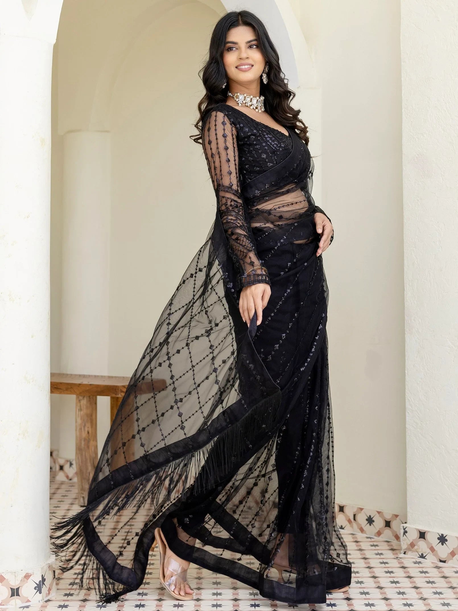 Remarkable Black Sequins Embroidery Net Party Wear Saree With Blouse - Zeel Clothing