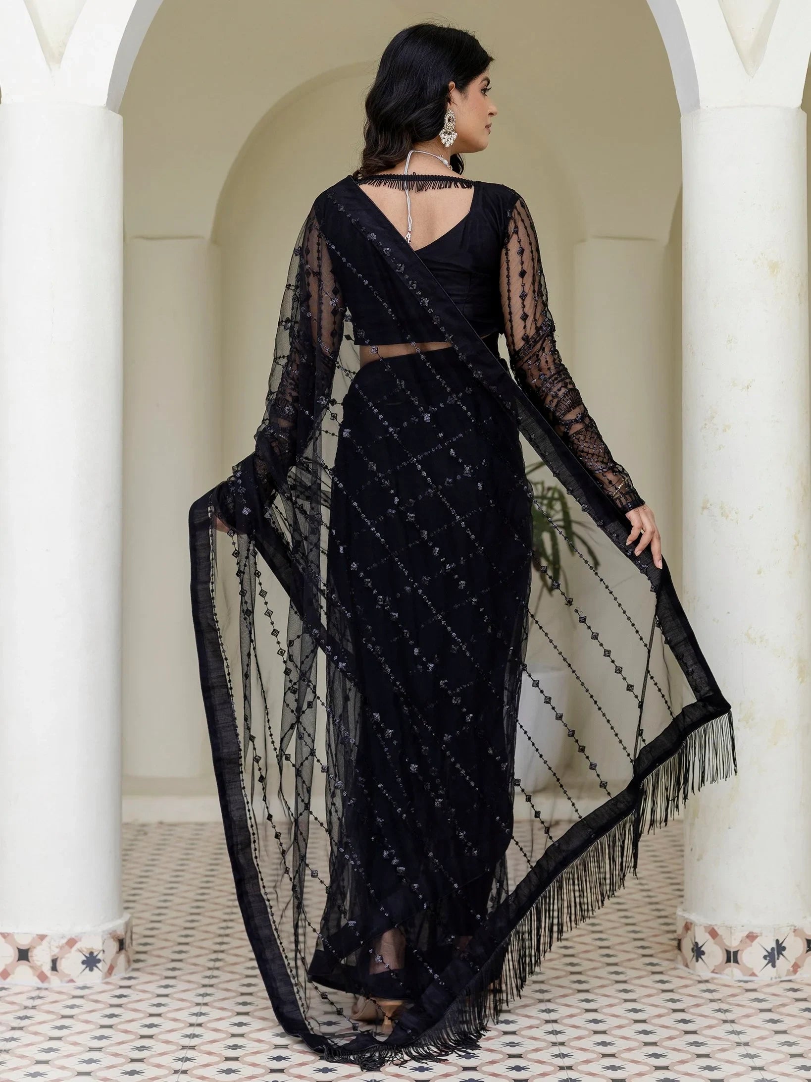 Remarkable Black Sequins Embroidery Net Party Wear Saree With Blouse - Zeel Clothing