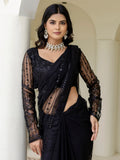 Remarkable Black Sequins Embroidery Net Party Wear Saree With Blouse - Zeel Clothing