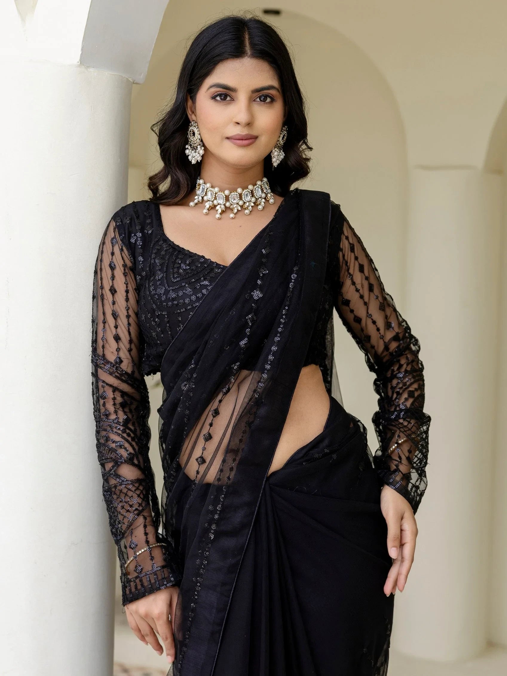Remarkable Black Sequins Embroidery Net Party Wear Saree With Blouse - Zeel Clothing