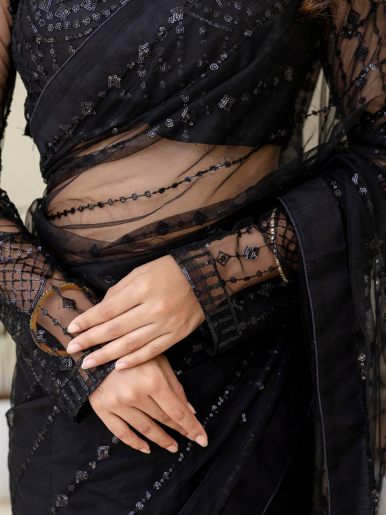 Remarkable Black Sequins Embroidery Net Party Wear Saree With Blouse - Zeel Clothing