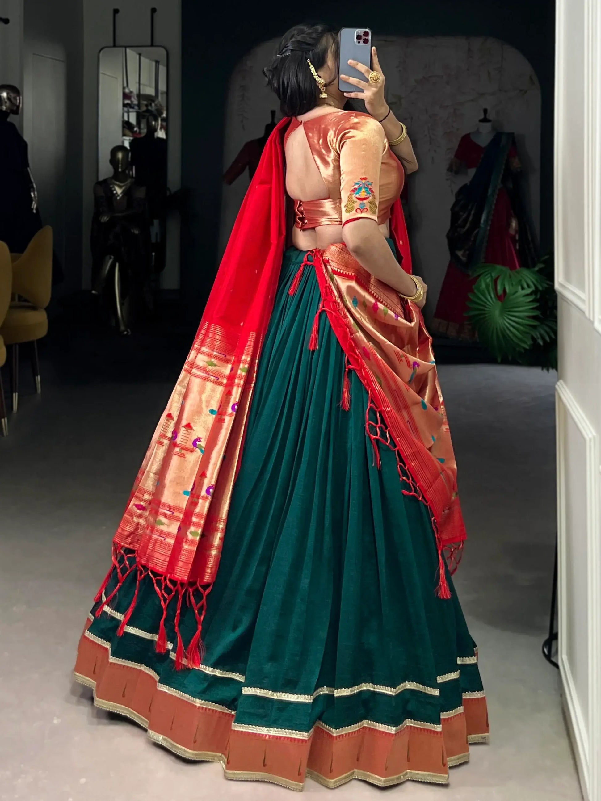 Remarkable Bottle Green Zari Weaving Paithani Lehenga Choli With Dupatta - Zeel Clothing
