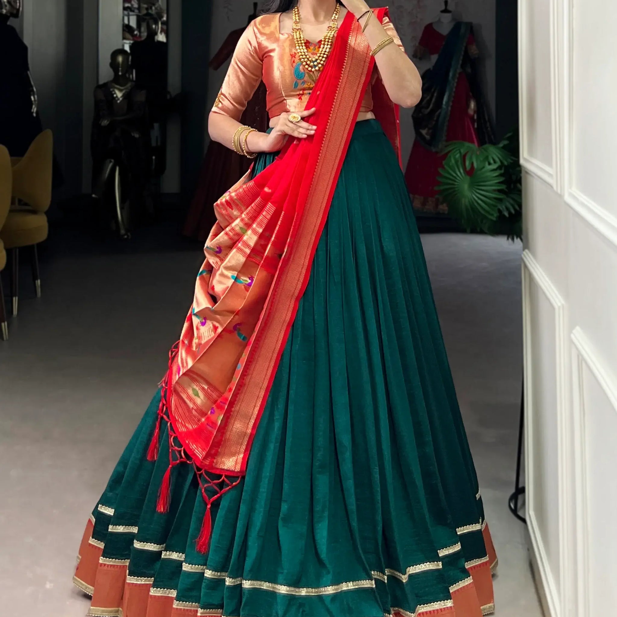 Remarkable Bottle Green Zari Weaving Paithani Lehenga Choli With Dupatta - Zeel Clothing