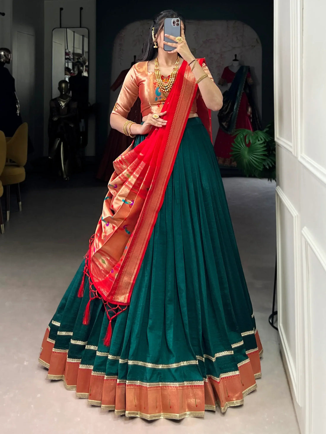 Remarkable Bottle Green Zari Weaving Paithani Lehenga Choli With Dupatta - Zeel Clothing