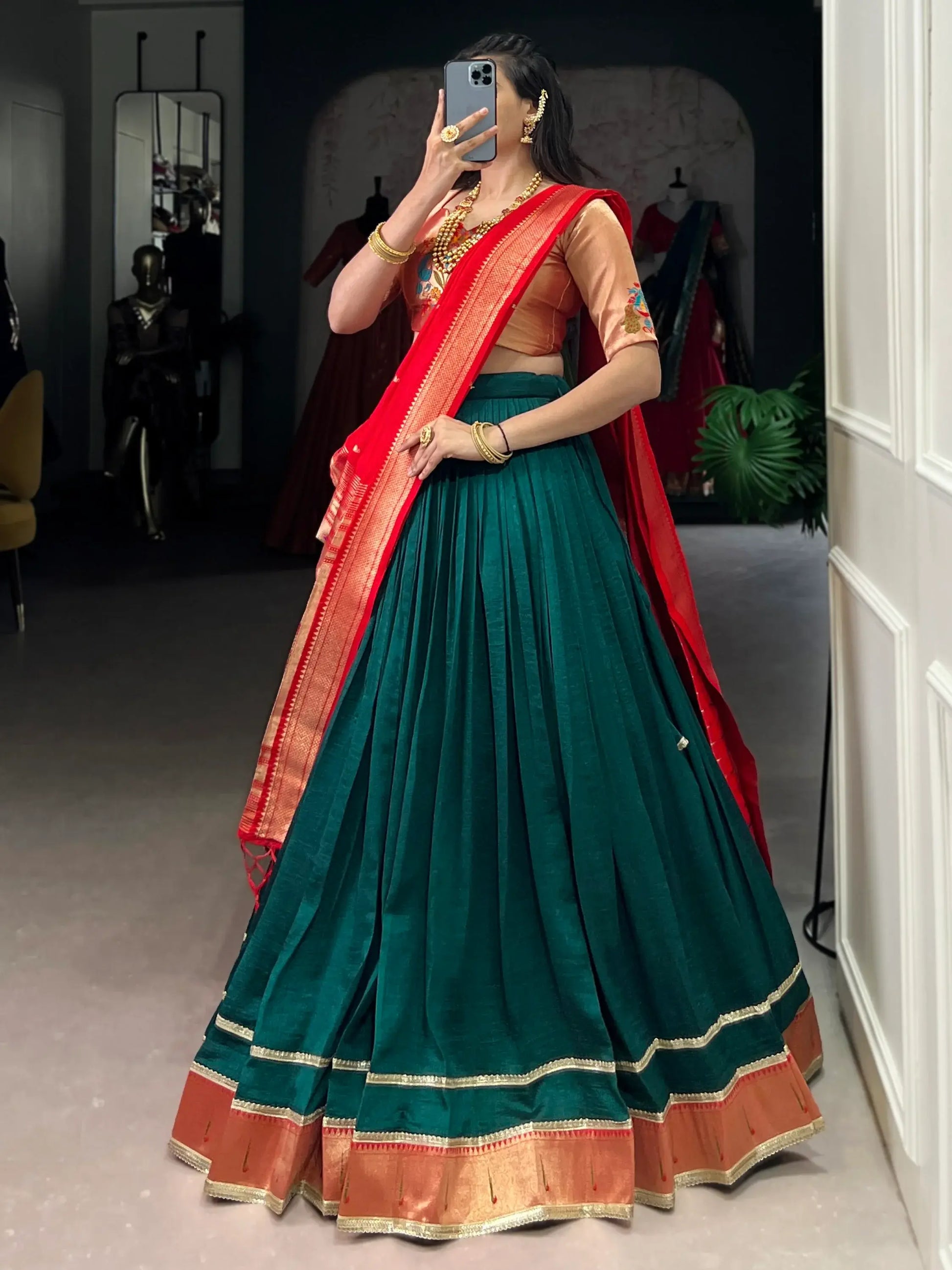Remarkable Bottle Green Zari Weaving Paithani Lehenga Choli With Dupatta - Zeel Clothing