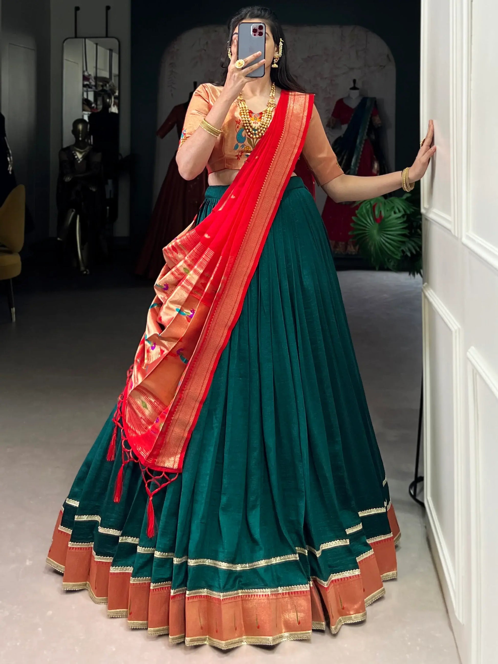 Remarkable Bottle Green Zari Weaving Paithani Lehenga Choli With Dupatta - Zeel Clothing