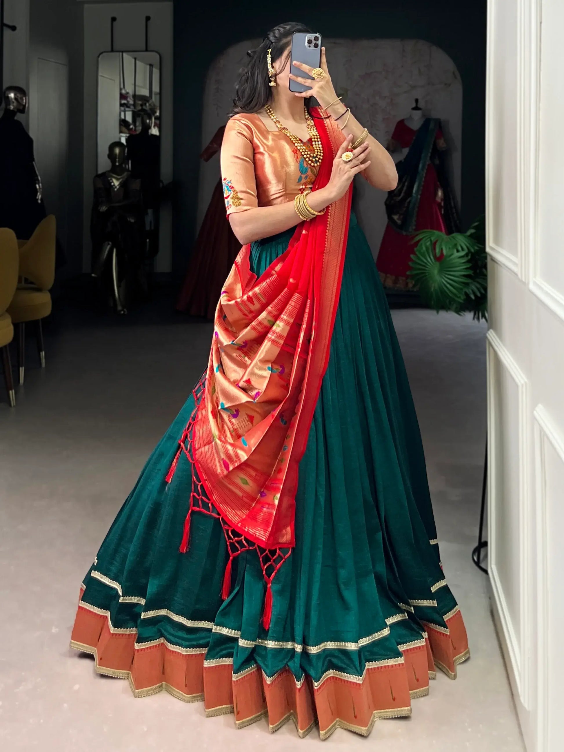 Remarkable Bottle Green Zari Weaving Paithani Lehenga Choli With Dupatta - Zeel Clothing