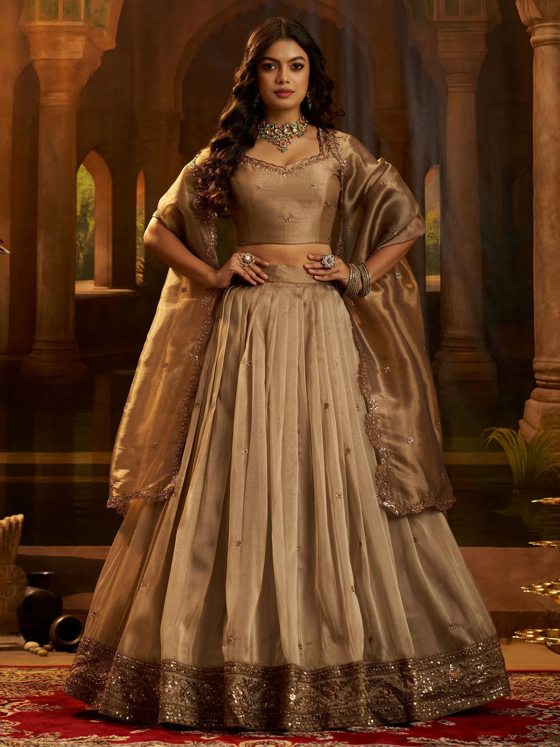 Remarkable Brown Dori Embroidery Organza Function Wear Lehenga Choli