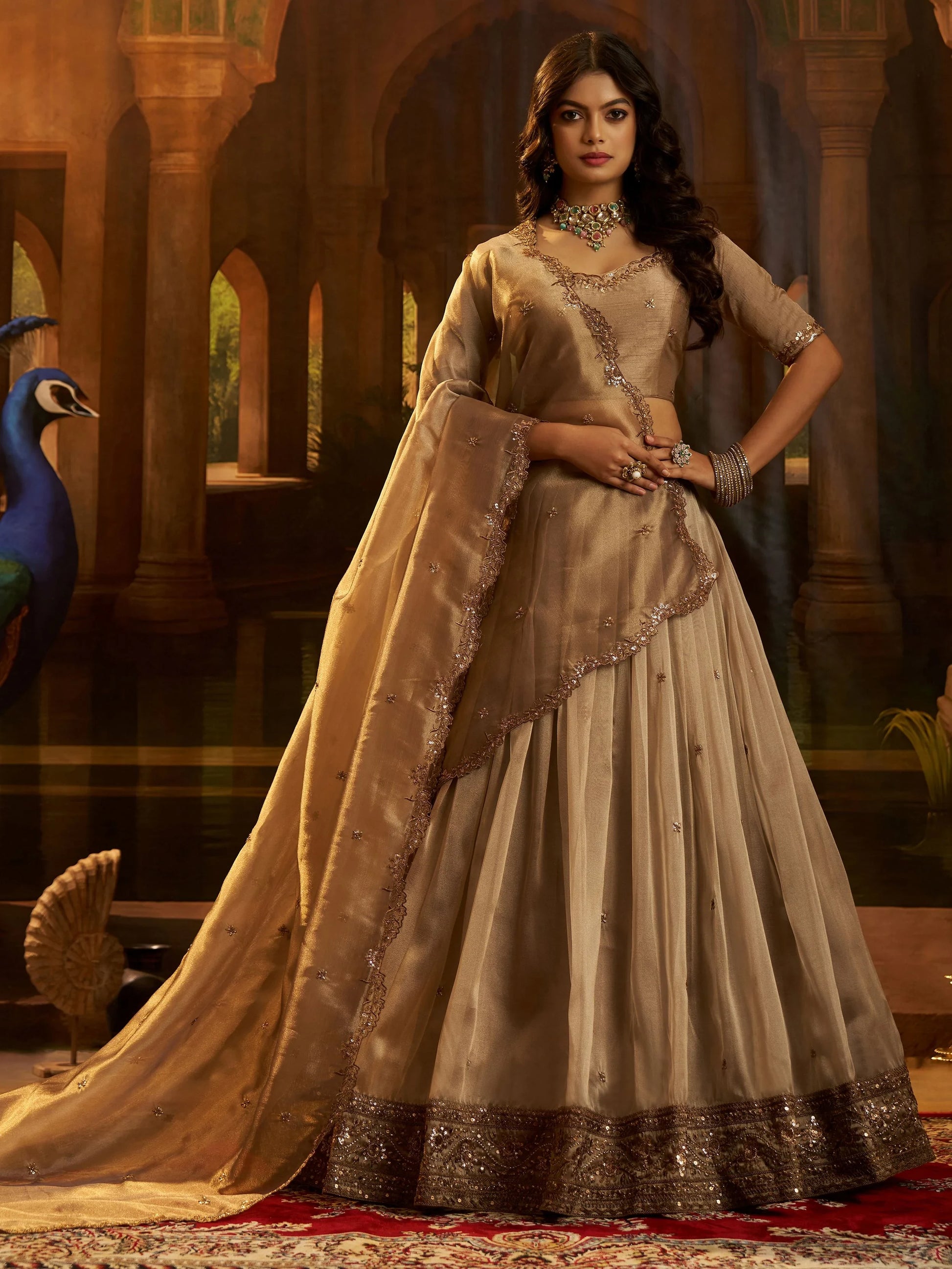 Remarkable Brown Dori Embroidery Organza Function Wear Lehenga Choli