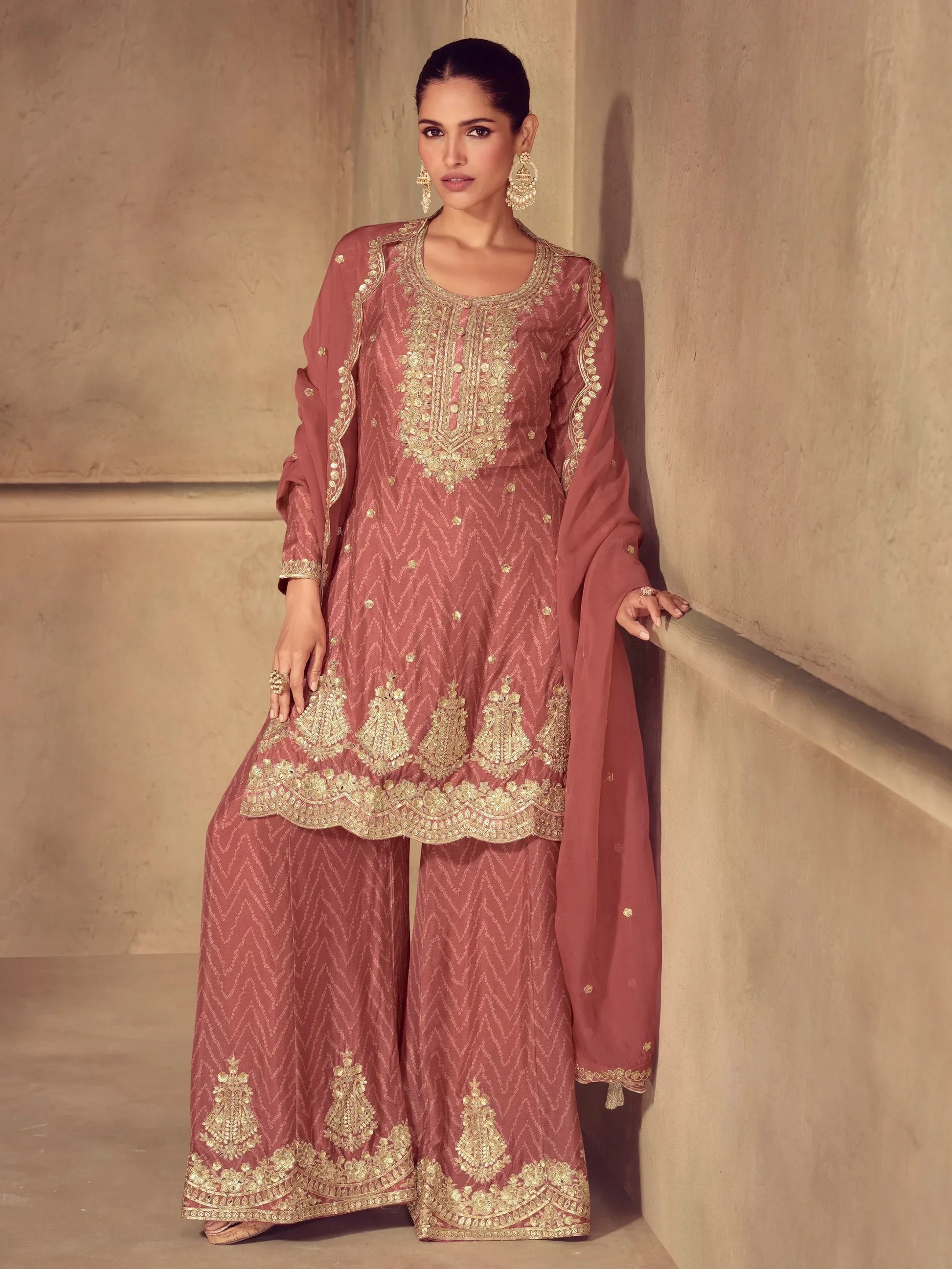 Remarkable Brown Thread Work Chinon Wedding Wear Palazzo Suit With Dupatta - Zeel Clothing