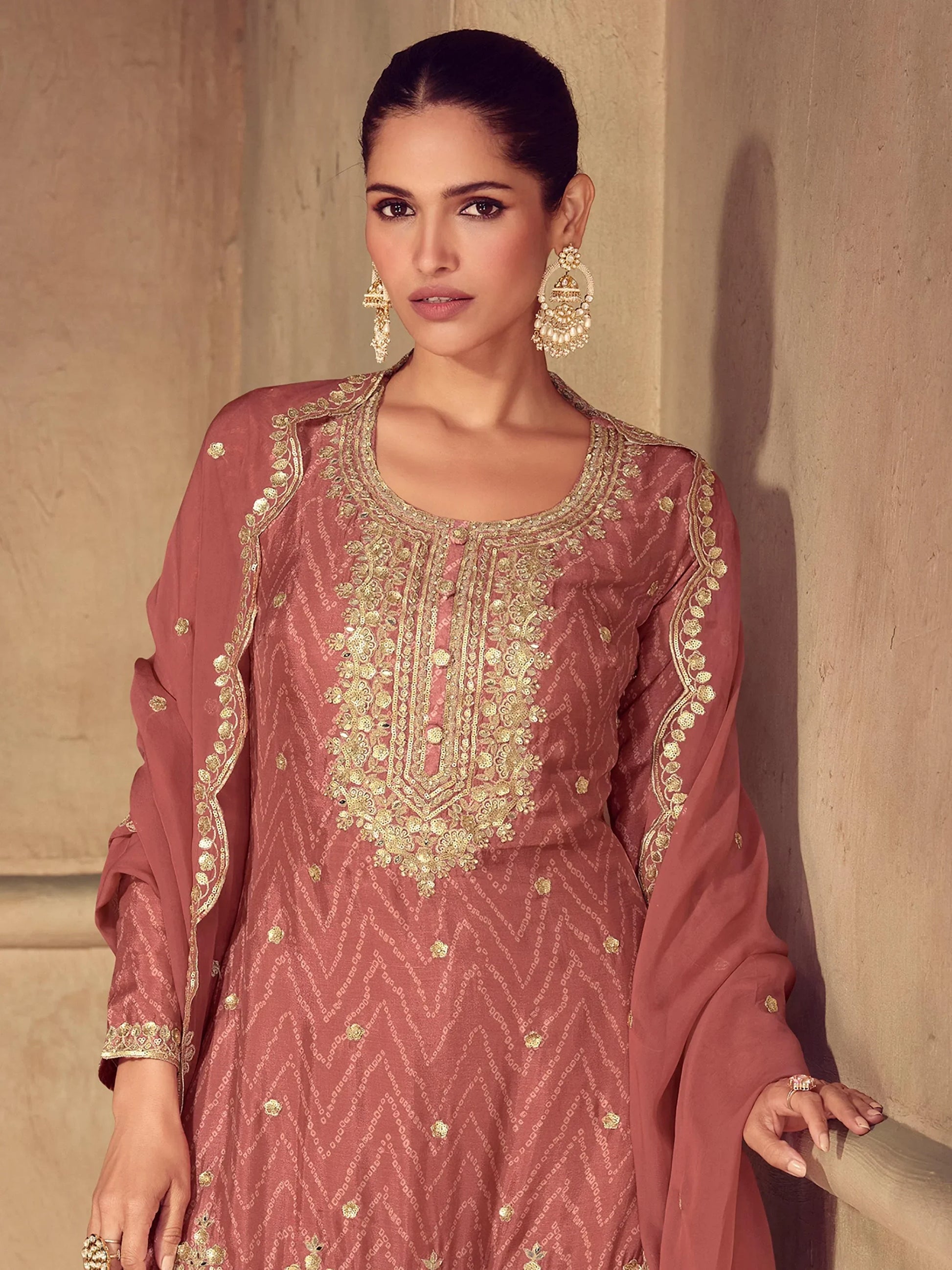 Remarkable Brown Thread Work Chinon Wedding Wear Palazzo Suit With Dupatta - Zeel Clothing