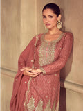 Remarkable Brown Thread Work Chinon Wedding Wear Palazzo Suit With Dupatta - Zeel Clothing