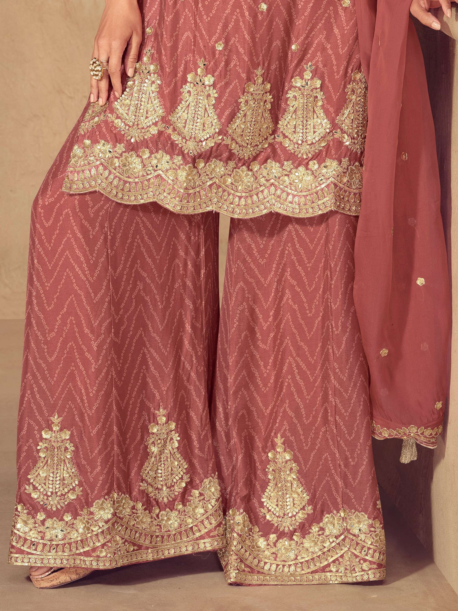 Remarkable Brown Thread Work Chinon Wedding Wear Palazzo Suit With Dupatta - Zeel Clothing