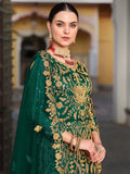 Remarkable Green Stone Work Net Mehendi Wear Gown With Dupatta