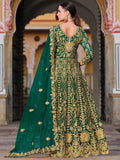 Remarkable Green Stone Work Net Mehendi Wear Gown With Dupatta