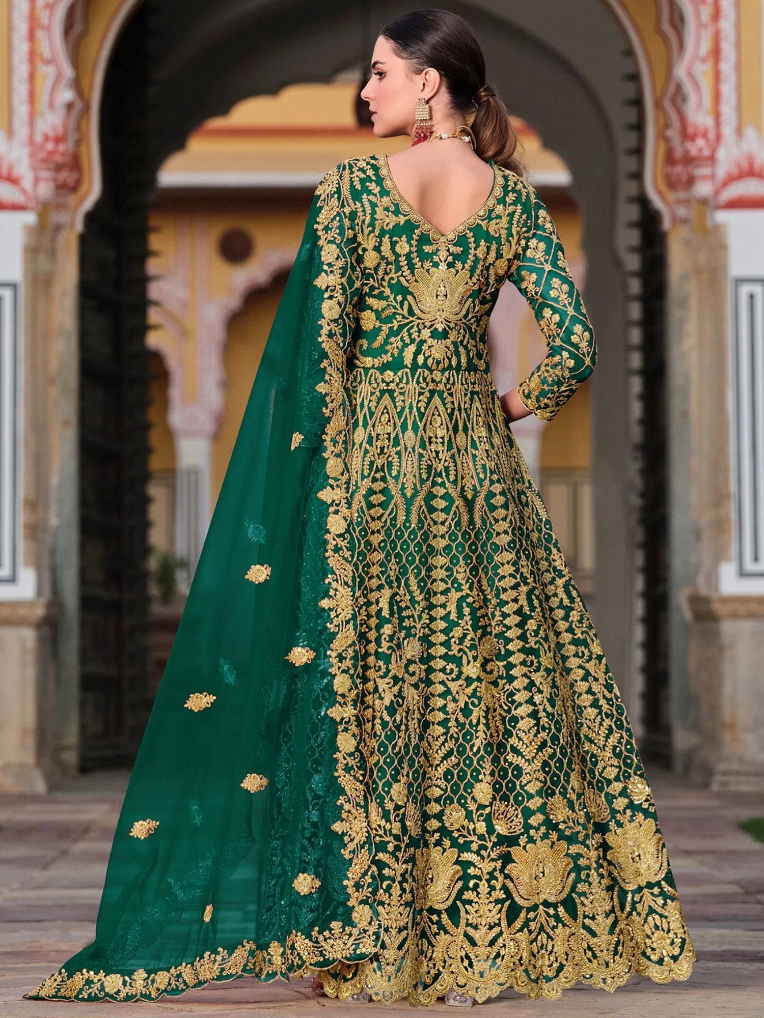 Remarkable Green Stone Work Net Mehendi Wear Gown With Dupatta